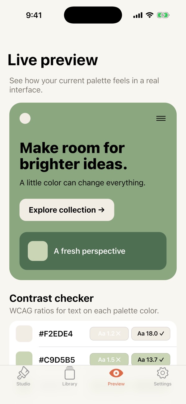 HueLoom live preview showing a green palette in a sample interface