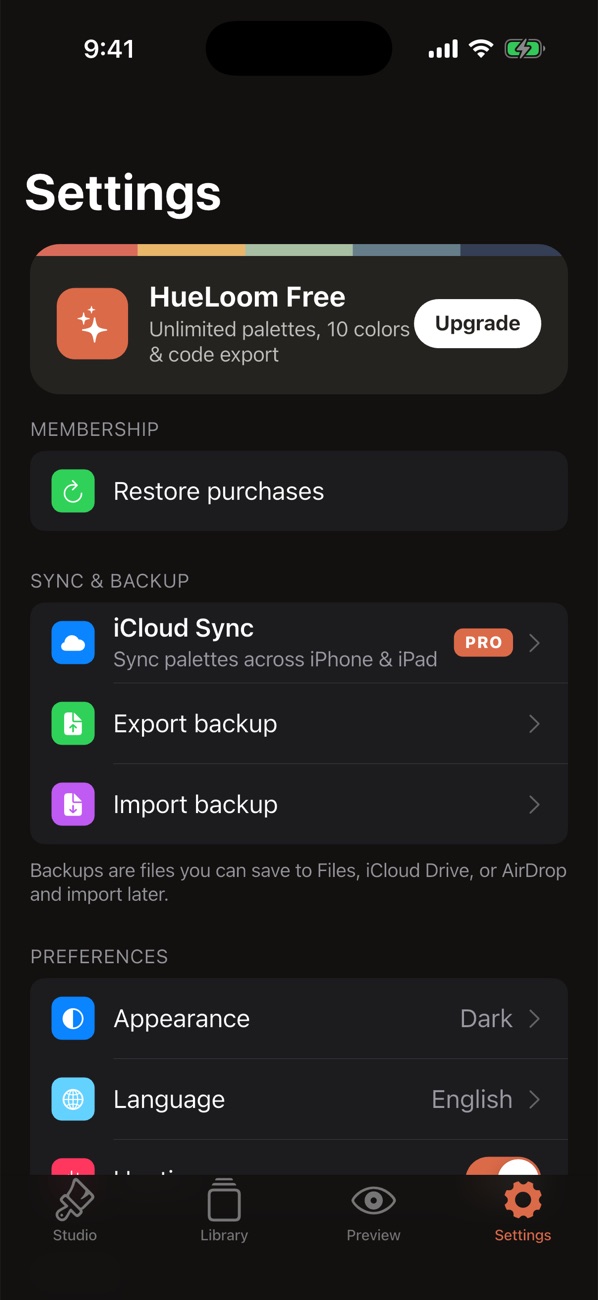 HueLoom settings in dark mode